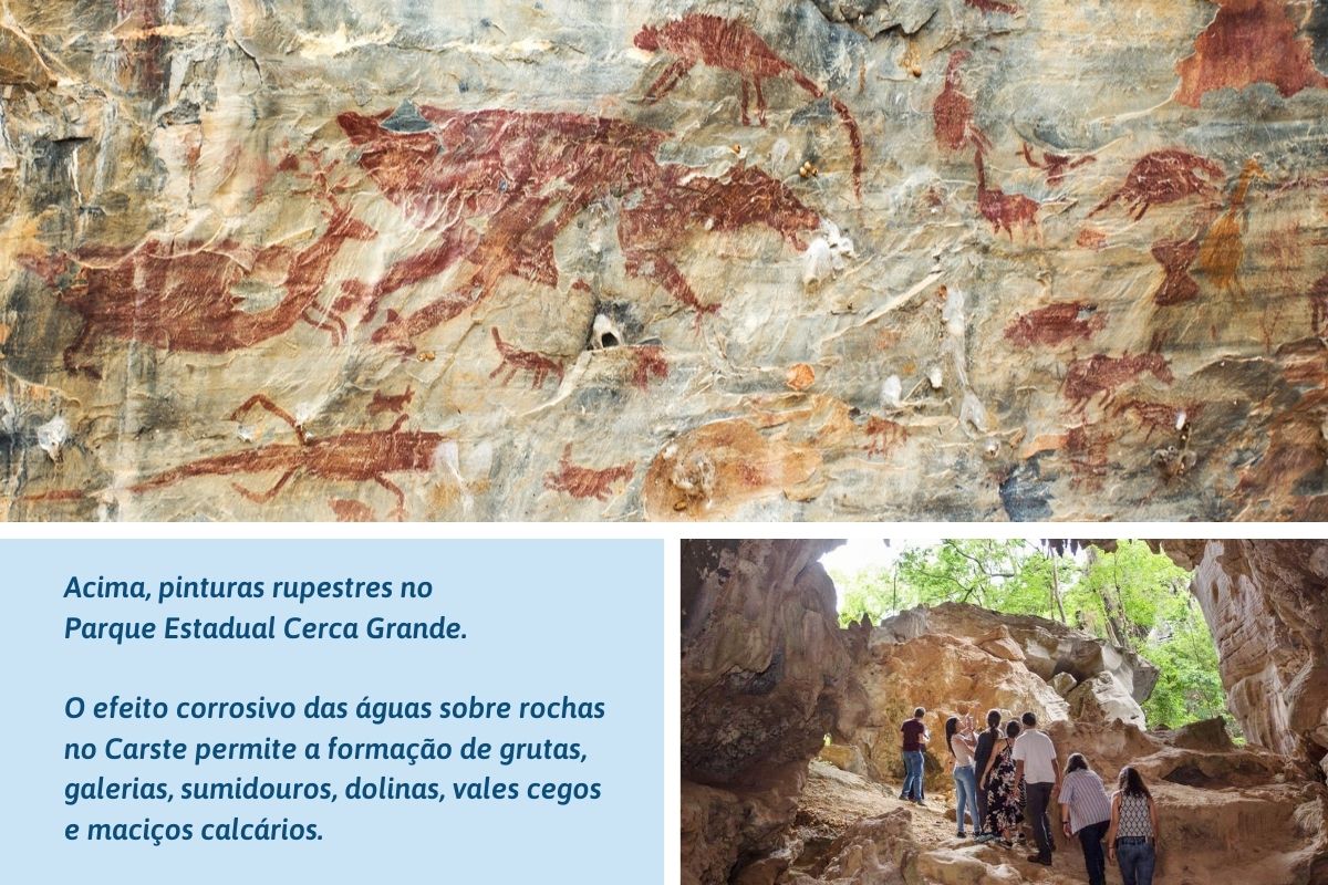 Acima, pinturas rupestres no Parque Estadual Cerca Grande. O efeito corrosivo das águas sobre rochas no Carste permite a formação de grutas, galerias, sumidouros, dolinas, vales cegos e maciços calcários.