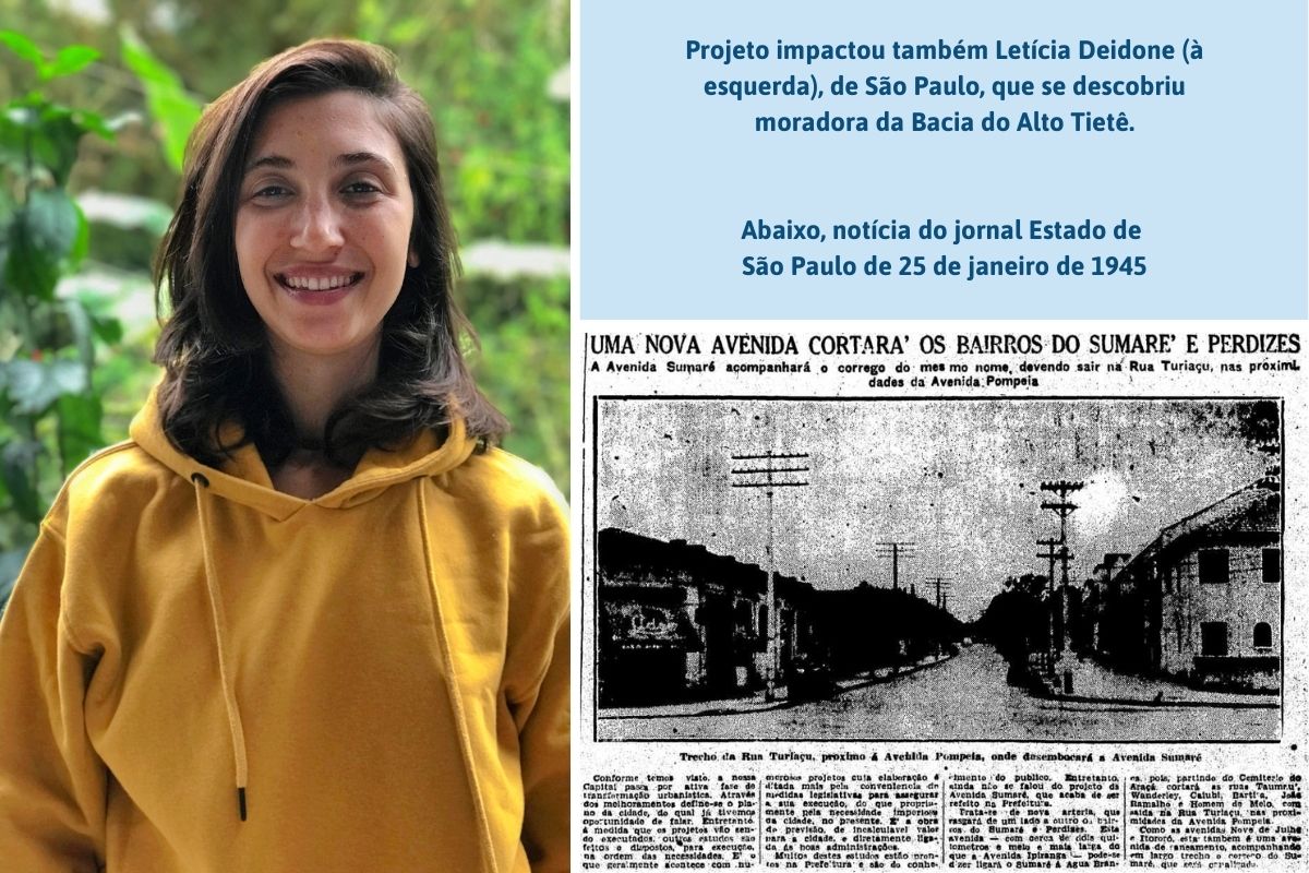 Projeto impactou também Letícia Deidone, de São Paulo, que se descobriu moradora da Bacia do Alto Tietê. Abaixo, notícia do jornal Estado de São Paulo de 25 de janeiro de 1945