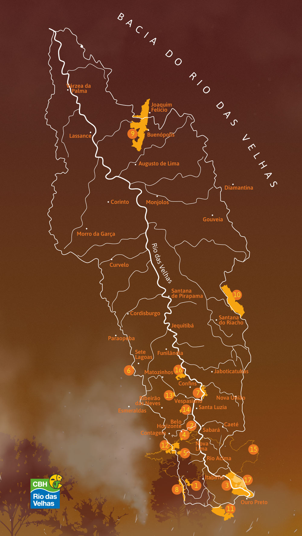 Mapa com a distribuição das queimadas ao longo da Bacia do Rio das Velhas