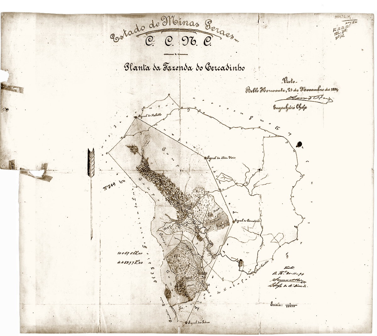 Mapa de 1894 mostra limites e hidrografia da Fazenda do Cercadinho.